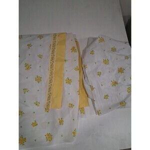 Vtg 70s Lady Pepperell Full Flat Fitted Sheet Set Yellow Rose Lace Trim Fabric